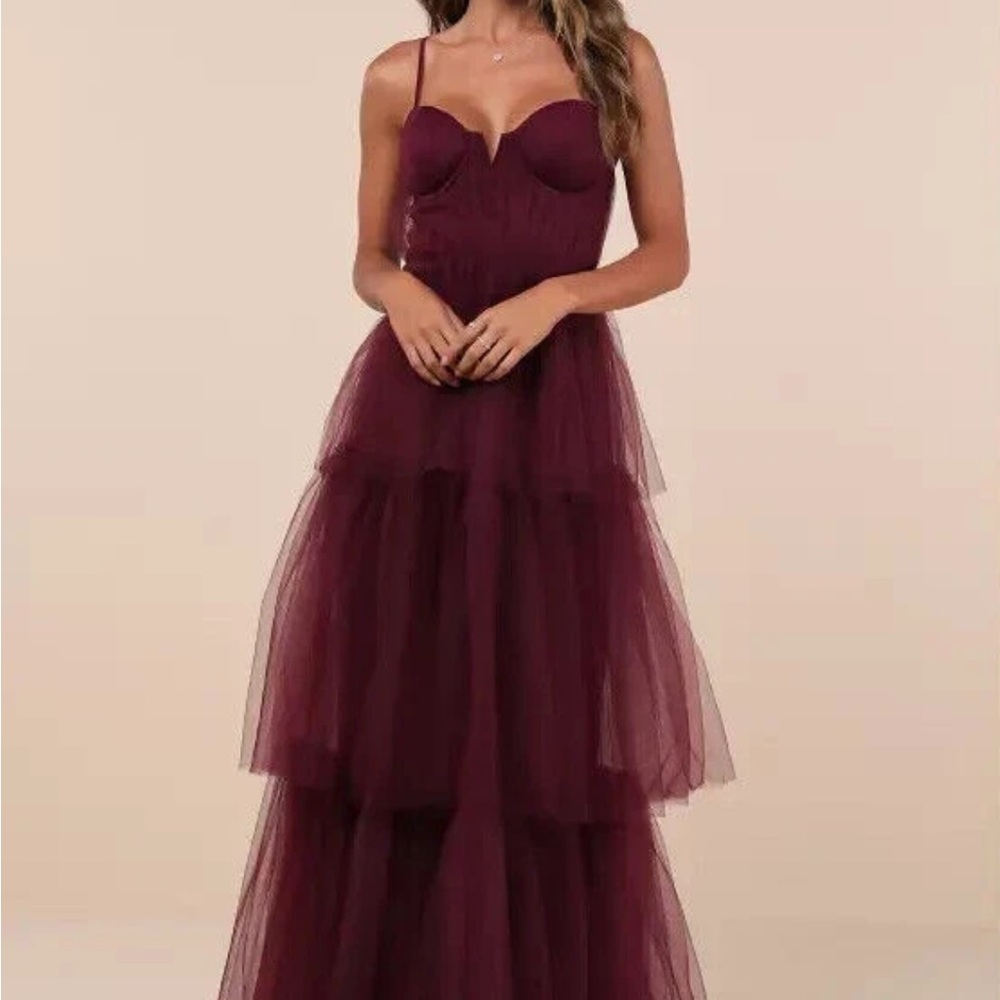 LuLus Elegant Burgundy Tulle Evening Gown
